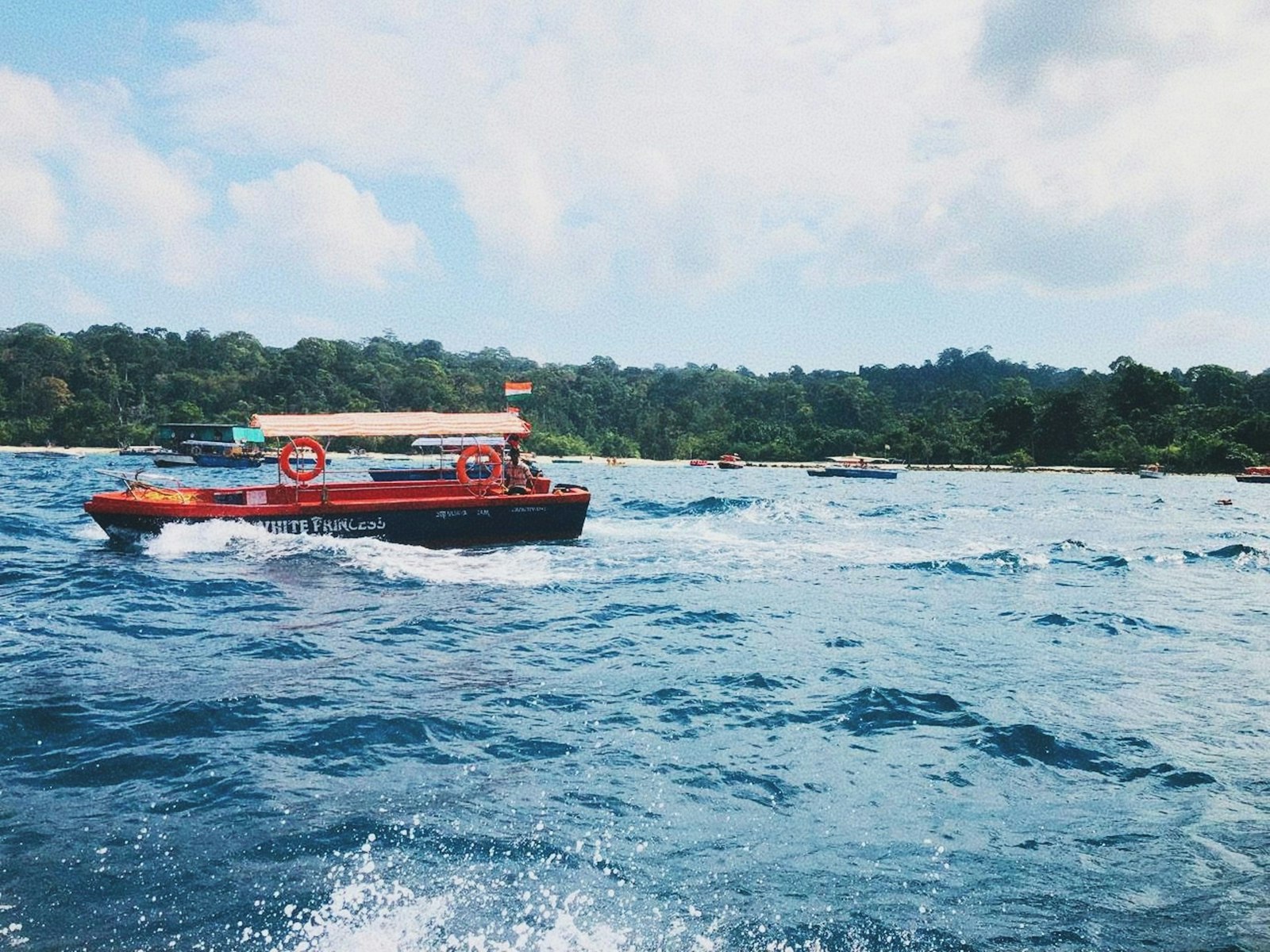 A boat on the water with trees in background